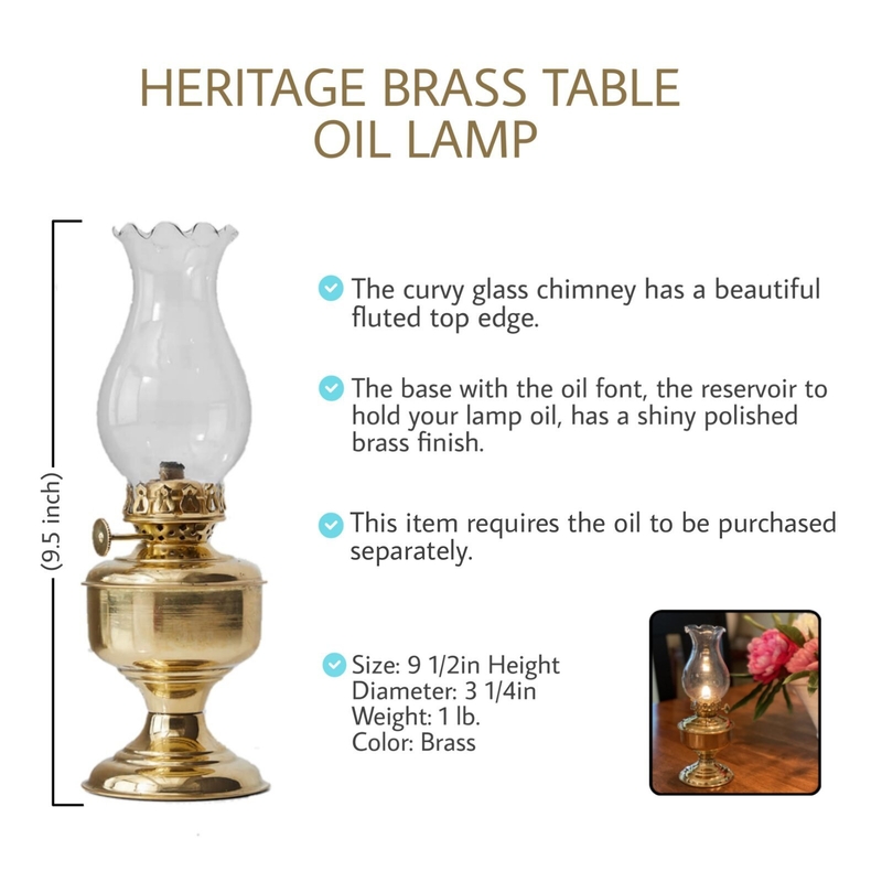 Serene Spaces Living Vintage Glass Oil Lamp, Brass Table Oil Lamp, Antique Oil Lamp For Home Decor, Nautical Or Victorian Wedding, Store Window, Measures 9.5" Tall & 3.25" Diameter