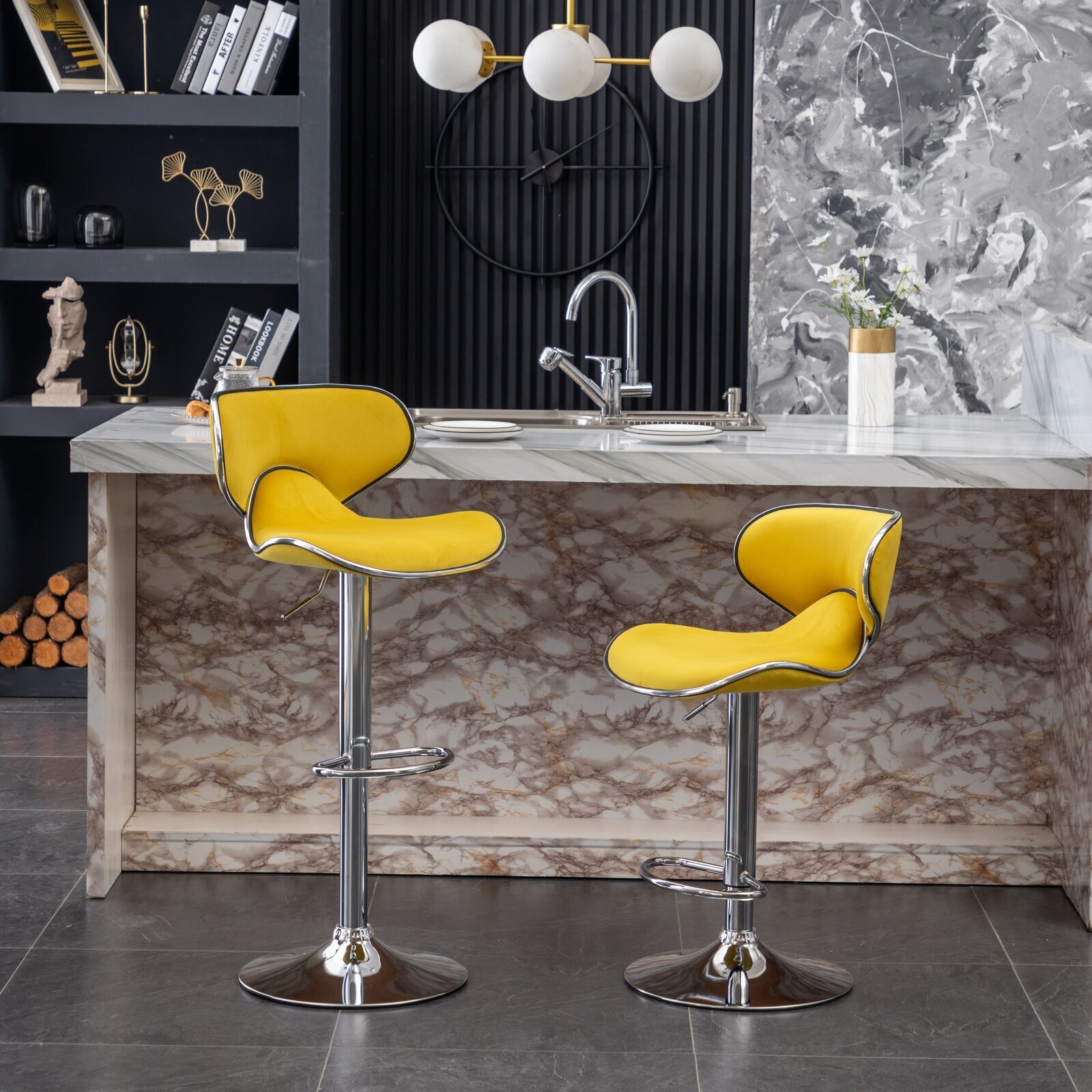 Farelves Velvet Bar Stools Set of 2 PCS Modern Bar Chairs Accent Breakfast Dining Stools for Home Kitchen Counter with Backrest and Gold Metal Legs Mustard Yellow 