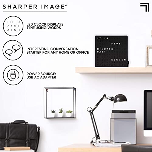 Sharper Image Light Up Electronic Word Clock, Black Finish with LED Light Display, USB Cord and Power Adapter, 7.75” Square Face, Unique Contemporary Home and Office Décor Black (Black)