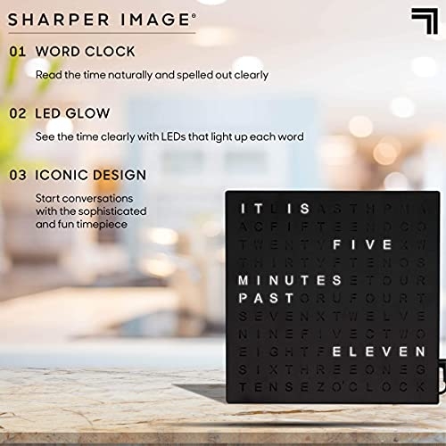 Sharper Image Light Up Electronic Word Clock, Black Finish with LED Light Display, USB Cord and Power Adapter, 7.75” Square Face, Unique Contemporary Home and Office Décor Black (Black)