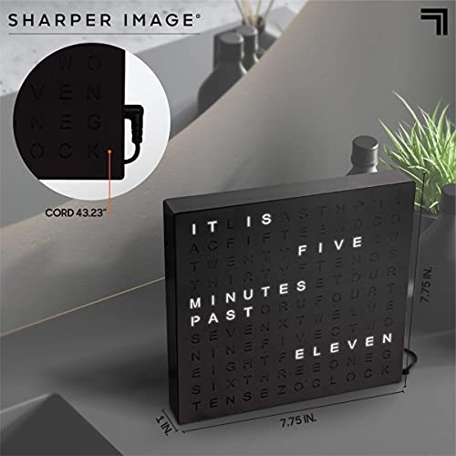 Sharper Image Light Up Electronic Word Clock, Black Finish with LED Light Display, USB Cord and Power Adapter, 7.75” Square Face, Unique Contemporary Home and Office Décor Black (Black)