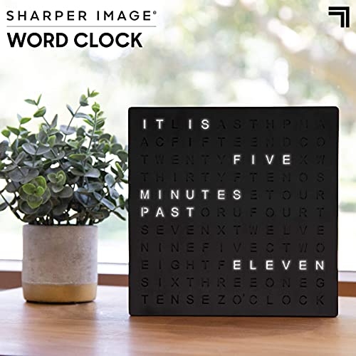 Sharper Image Light Up Electronic Word Clock, Black Finish with LED Light Display, USB Cord and Power Adapter, 7.75” Square Face, Unique Contemporary Home and Office Décor Black (Black)