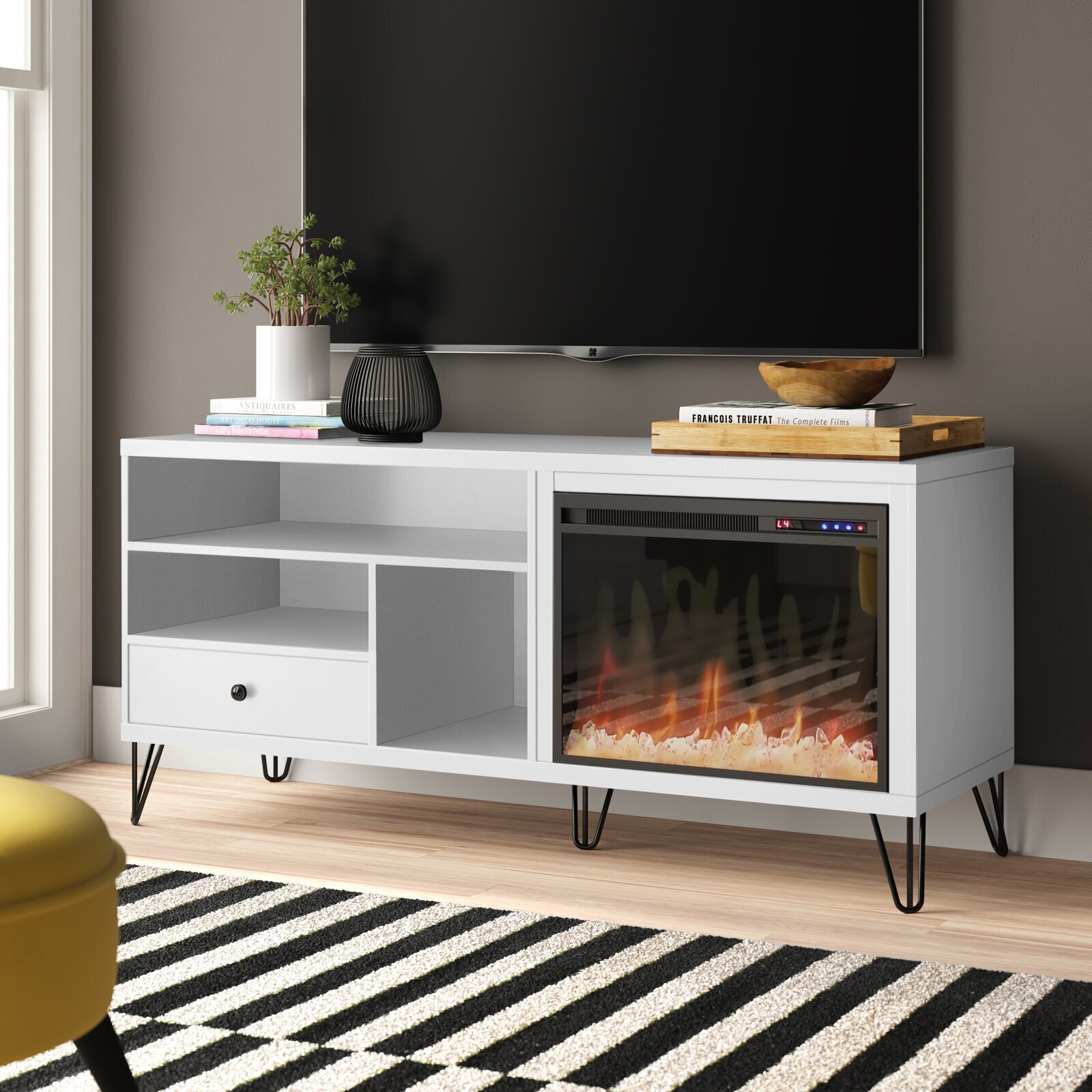 Sideways Fireplace and TV Stand