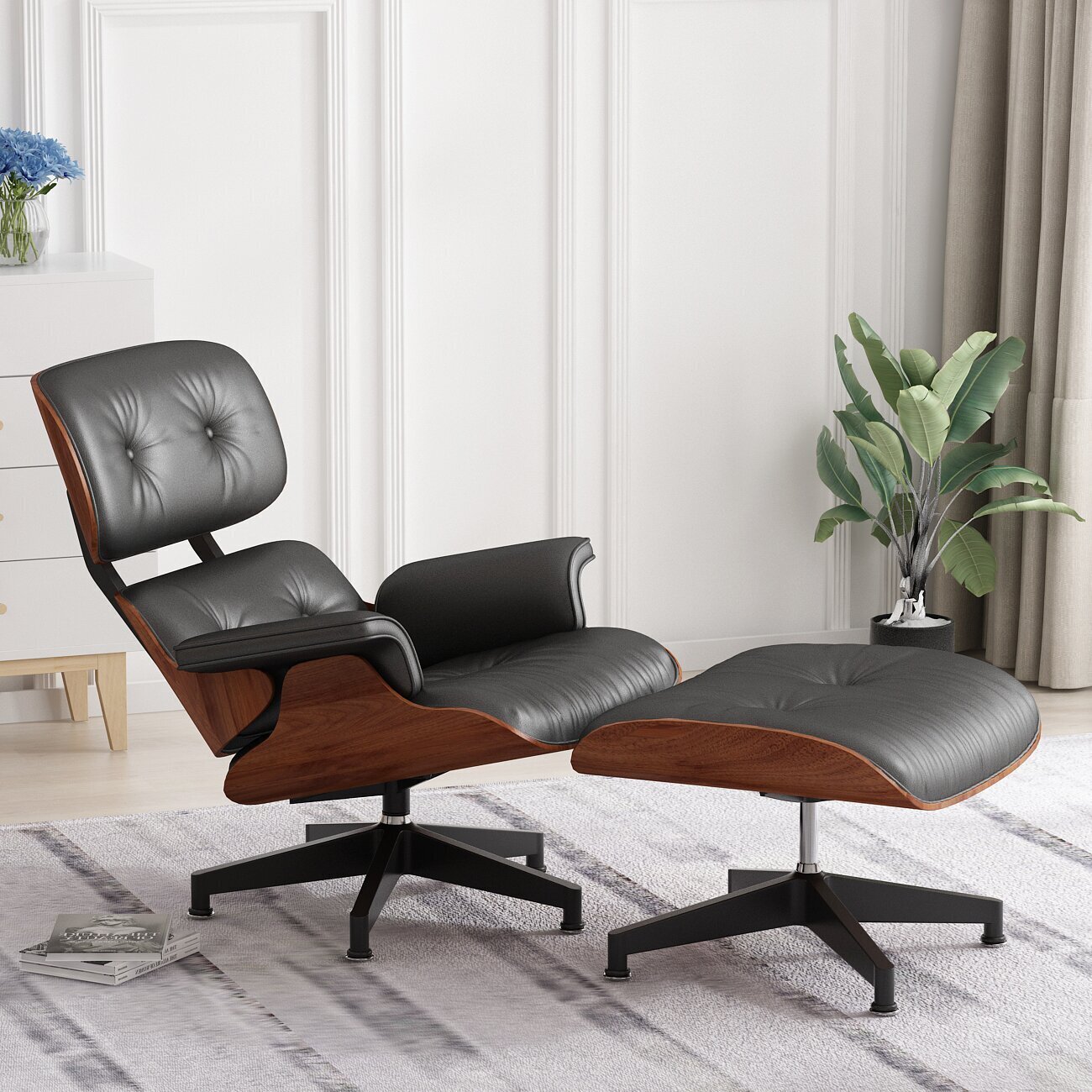 Small Leather Swivel Chair with Ottoman