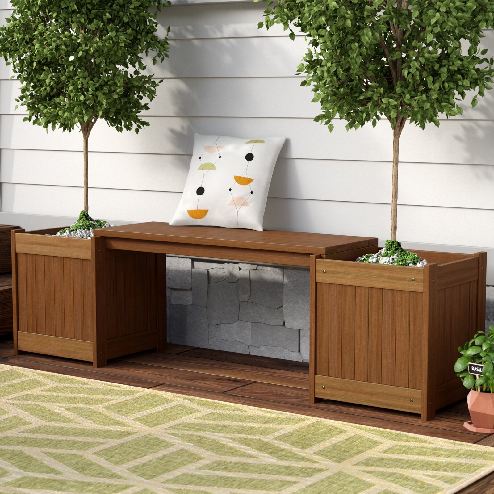 Solid hardwood planters with bench seating