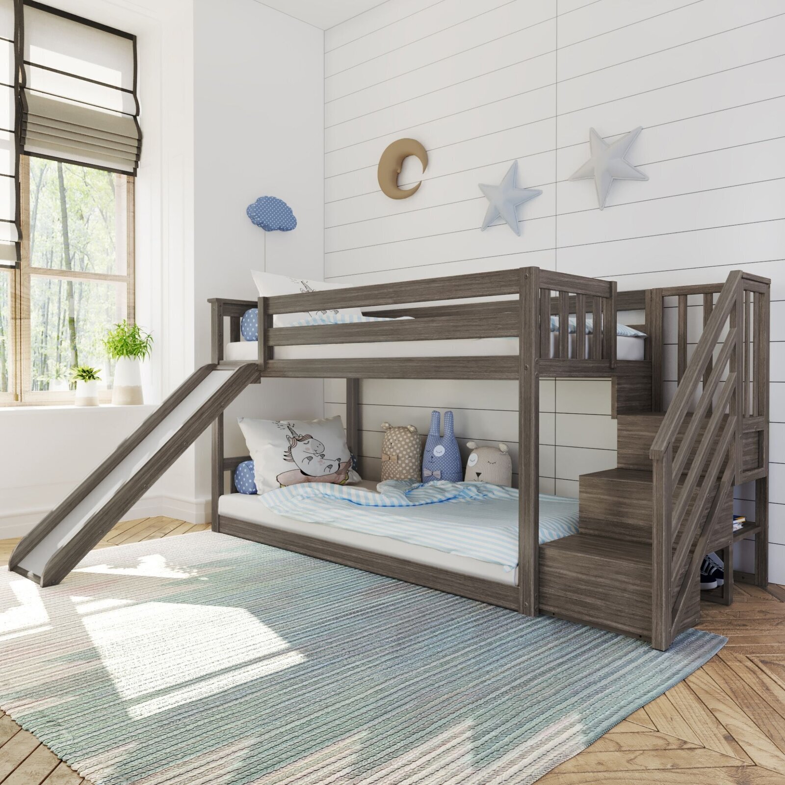 Solid Pine Bunk Bed With Slide and Steps