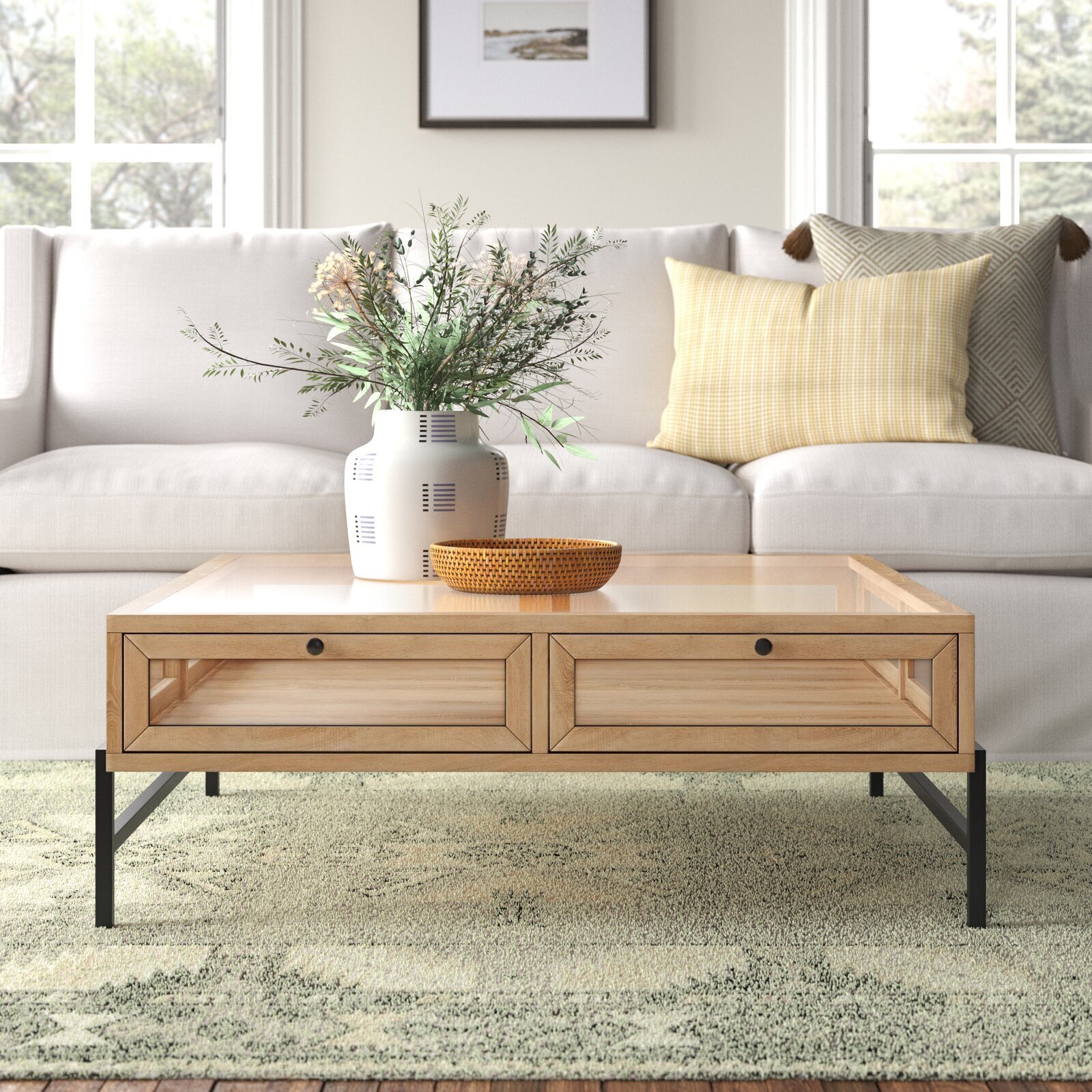 Solid Wood Large Coffee Table with Glass Top