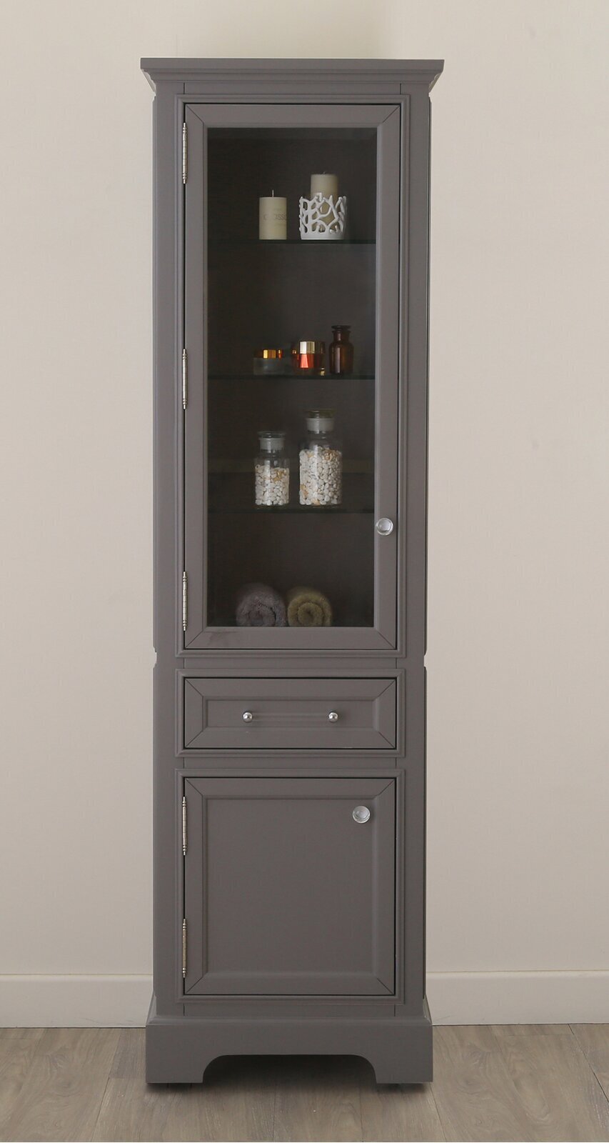 Solid wood linen cabinet with glass door 