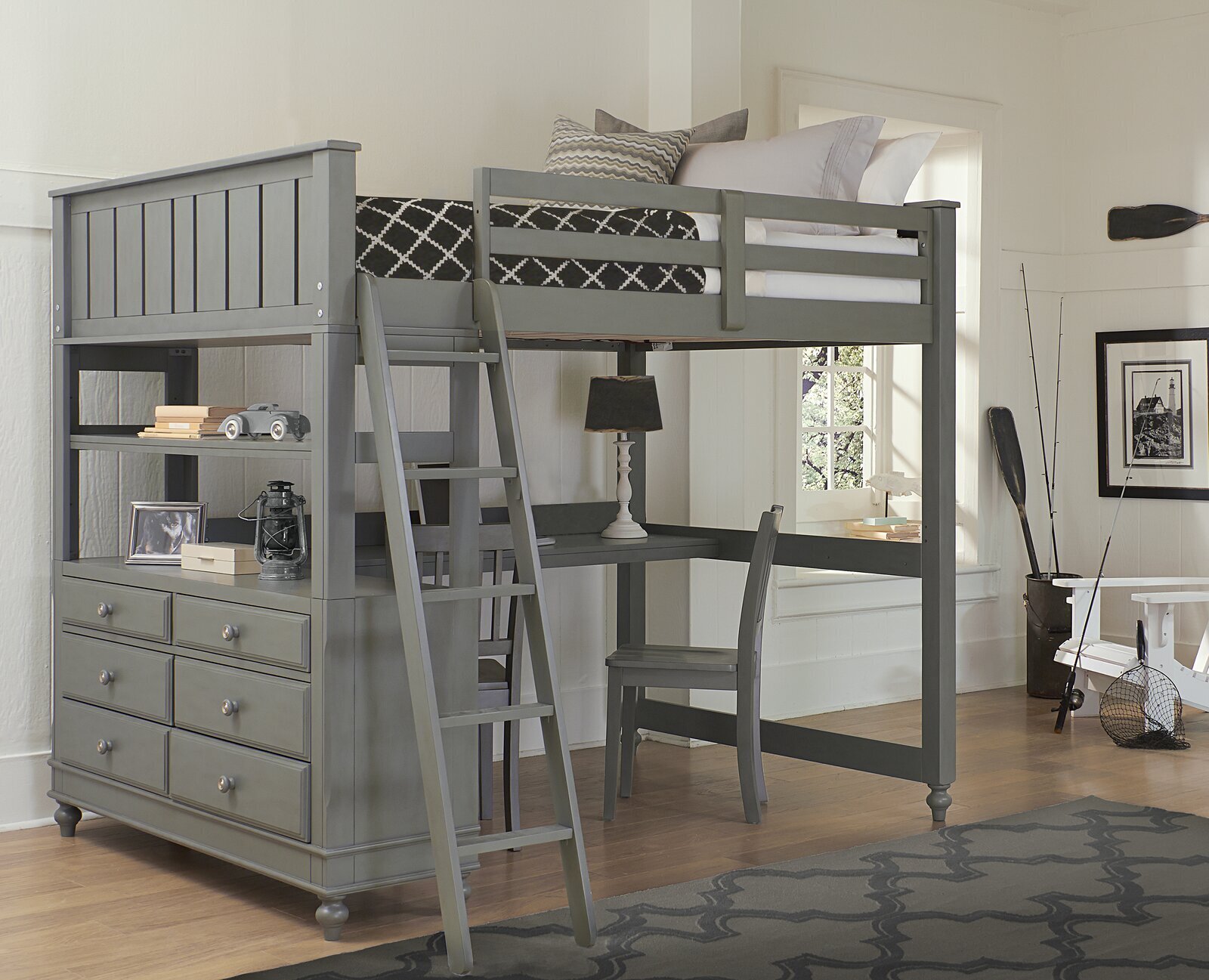 Solid Wood Loft Bed With Desk and Drawers