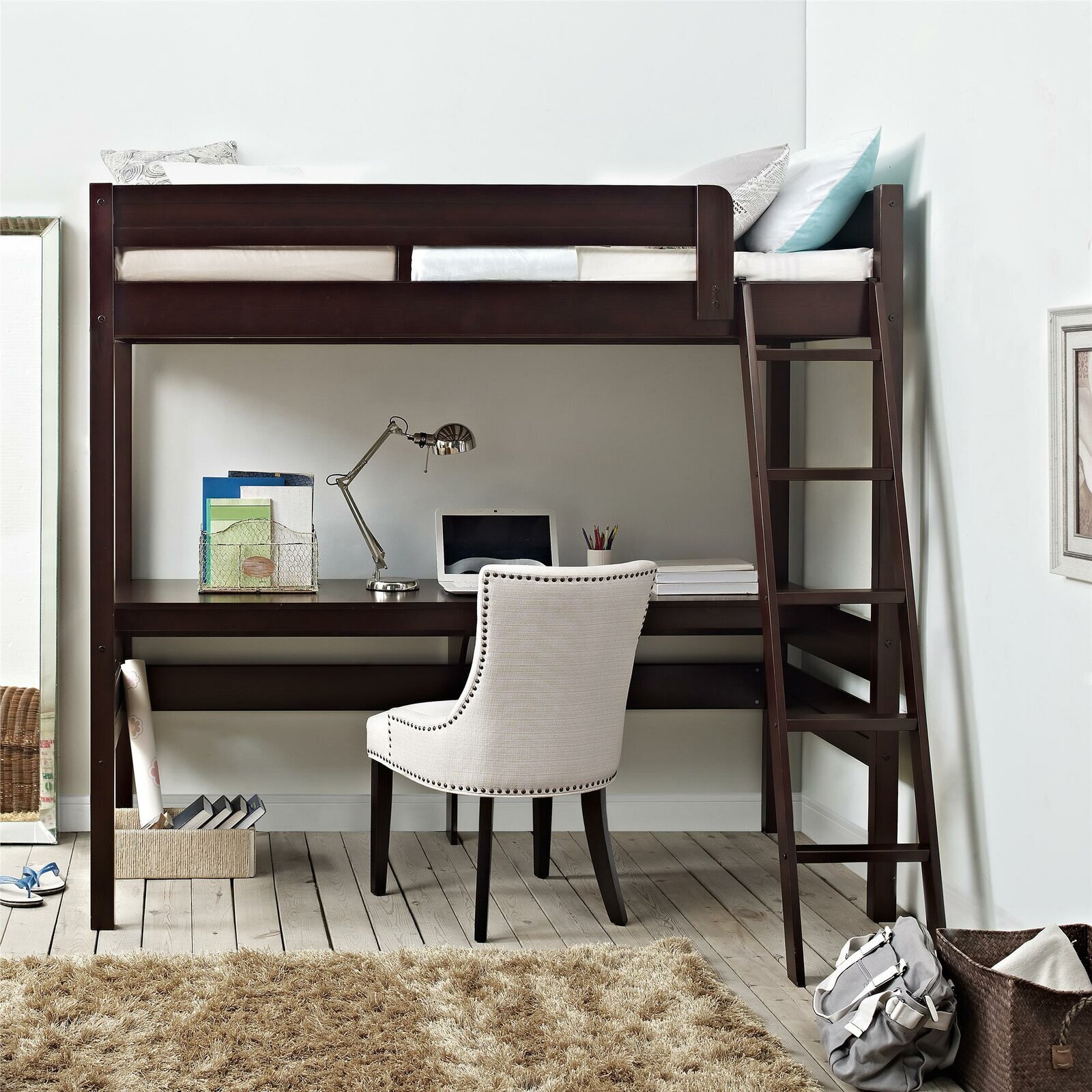 Solid Wood Loft Bed with Desk and Open Frame