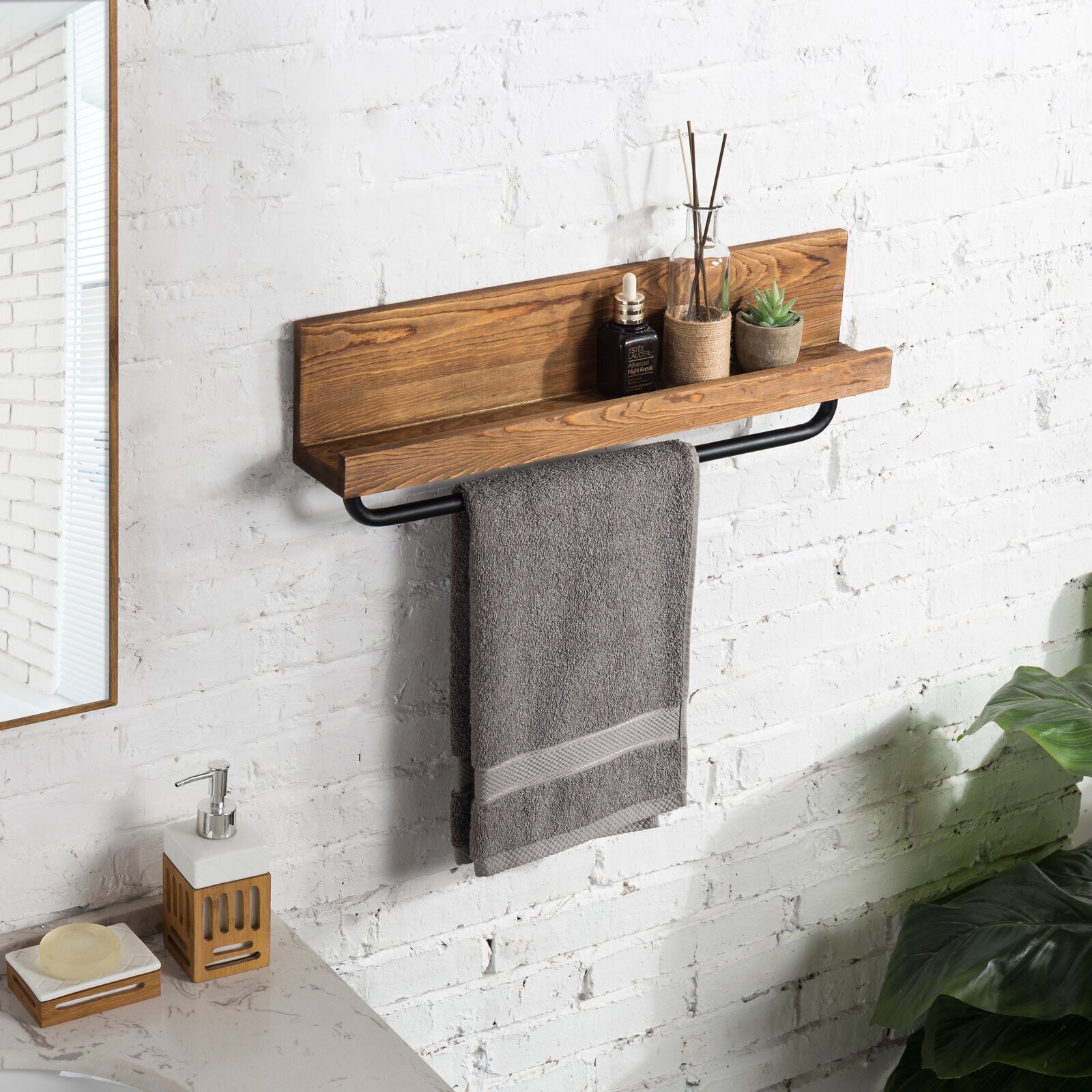 Space Saving Wall Mounted Wooden Shelf With Towel Rail
