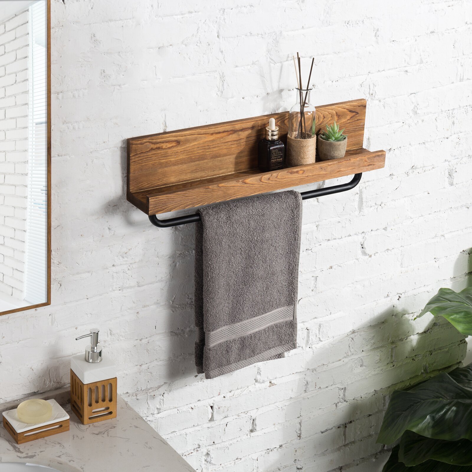 Kitchen Paper Towel Holder Countertop Rack, Rustic Burnt Wood and Metal Towel Dispenser with Top Shelf