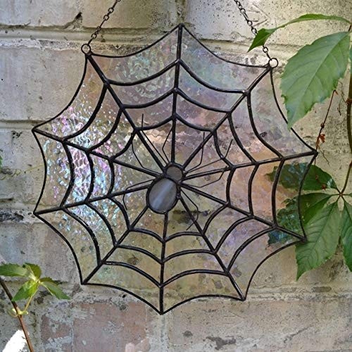 Stained Glass Spider Web Suncatcher, Spiderweb Panel for Window Hanging or Wall Decor, Spooky Halloween