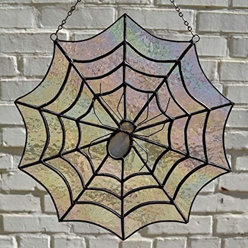 Stained Glass Spider Web Suncatcher, Spiderweb Panel for Window Hanging or Wall Decor, Spooky Halloween