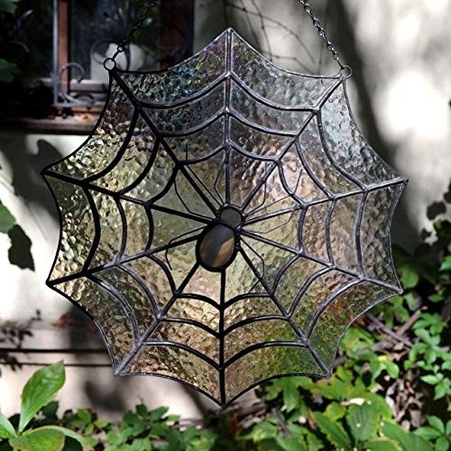 Stained Glass Spider Web Suncatcher, Spiderweb Panel for Window Hanging or Wall Decor, Spooky Halloween