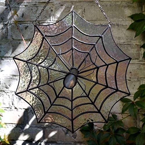 Stained Glass Spider Web Suncatcher, Spiderweb Panel for Window Hanging or Wall Decor, Spooky Halloween