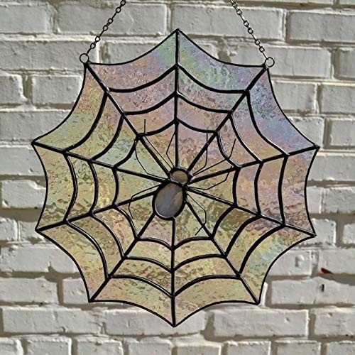 Stained Glass Spider Web Suncatcher, Spiderweb Panel for Window Hanging or Wall Decor, Spooky Halloween