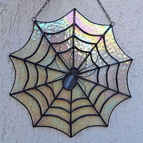 Stained Glass Spider Web Suncatcher, Spiderweb Panel for Window Hanging or Wall Decor, Spooky Halloween