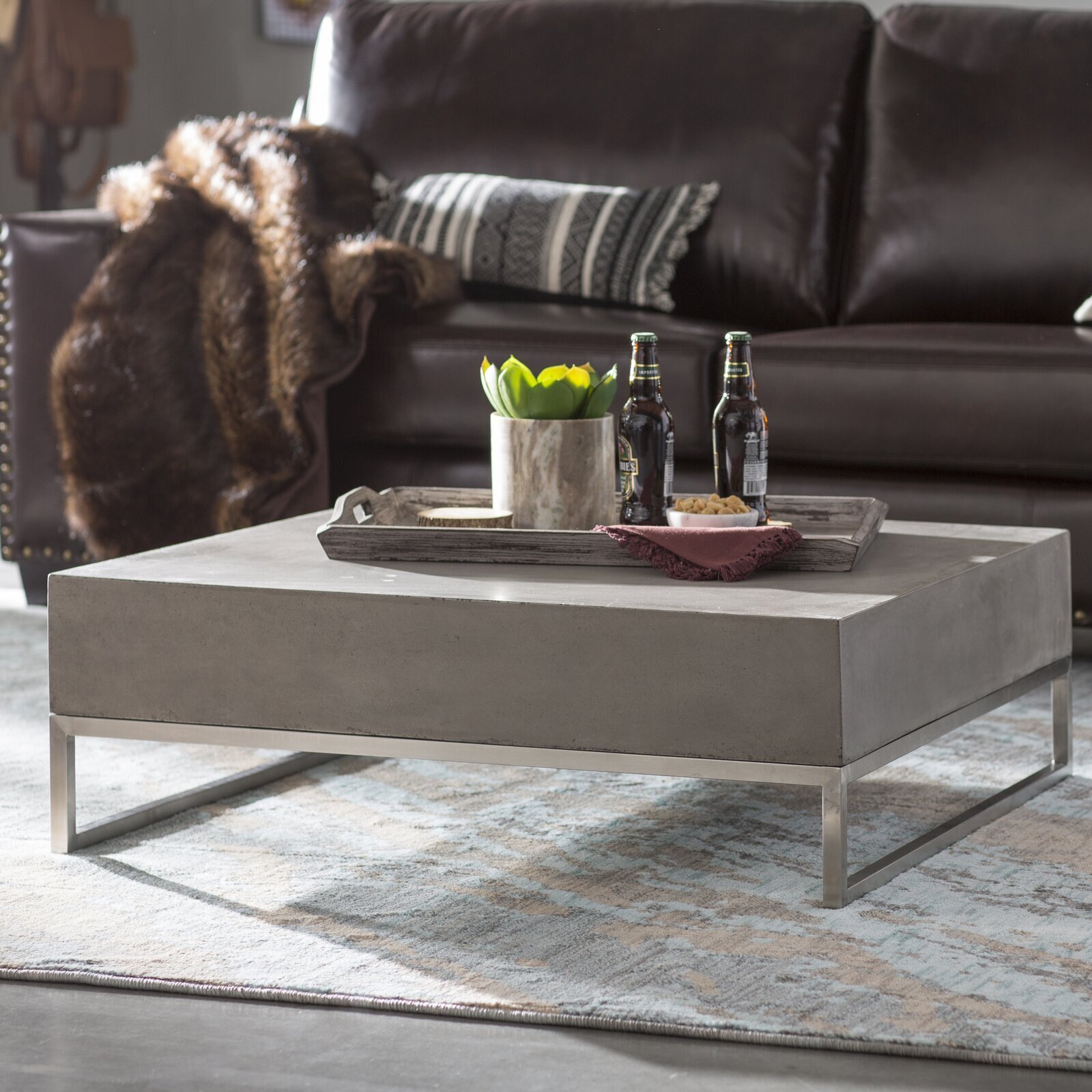Stainless Steel and Concrete Oversized Square Coffee Table