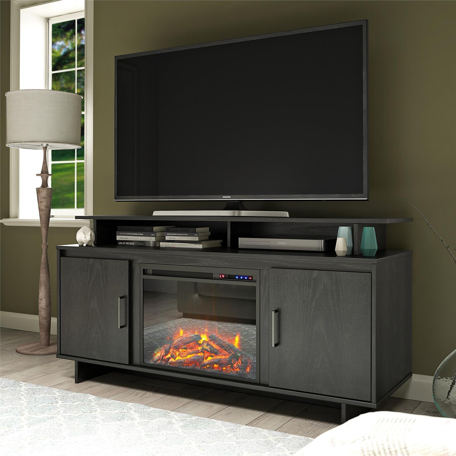 Standard Black TV Stand With Fireplace