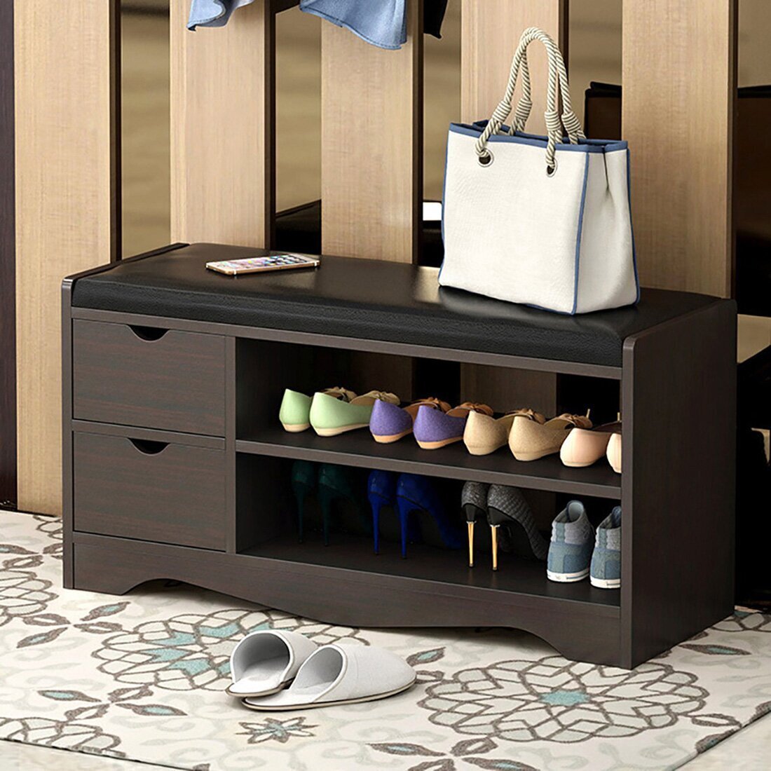 Storage Bench with Drawers and Shoe Rack