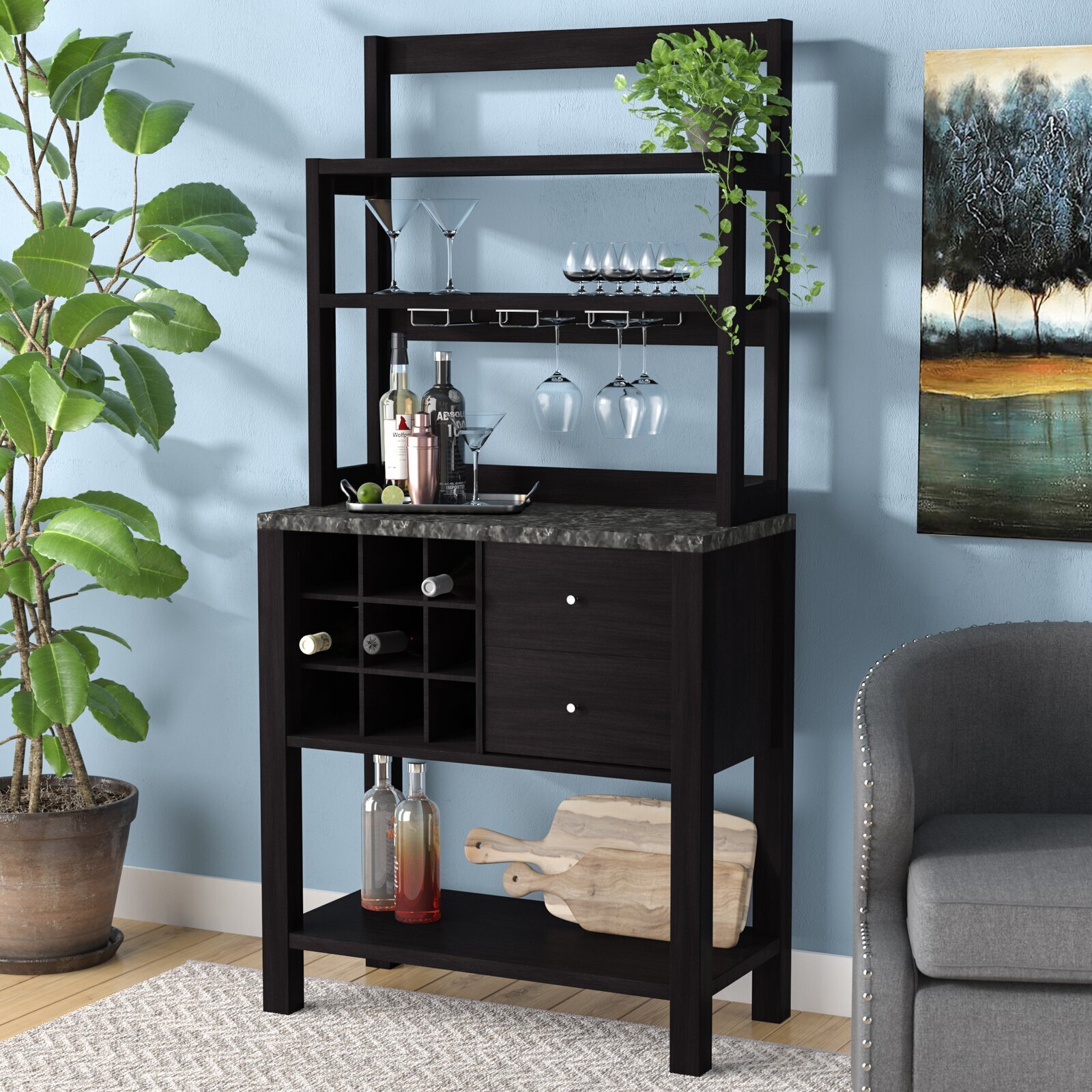 Sturdy Black Cabinet With Faux Marble Top 