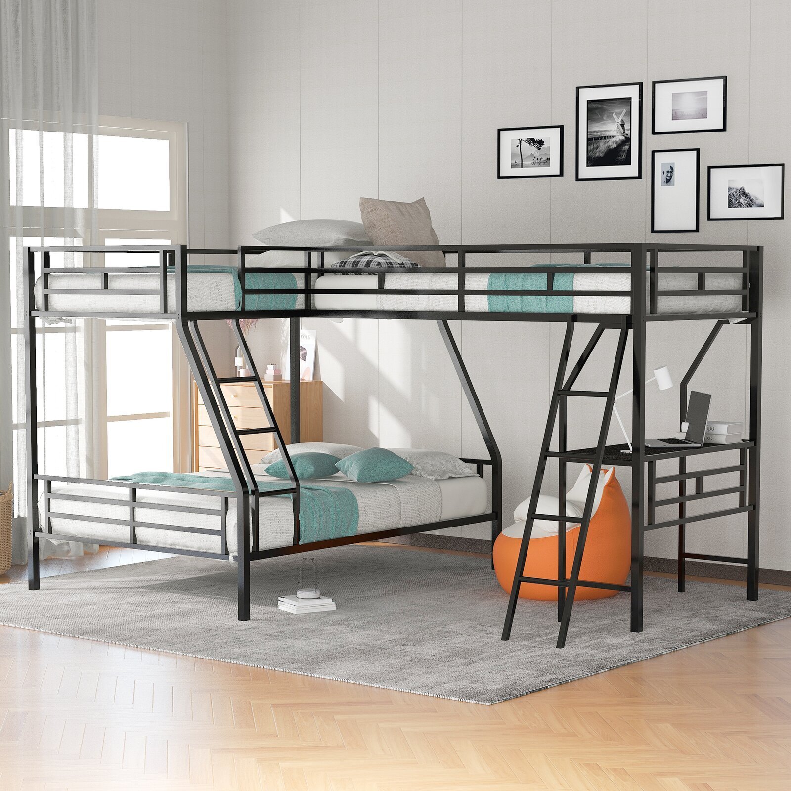 Stylish Triple Bed with Study Table Below