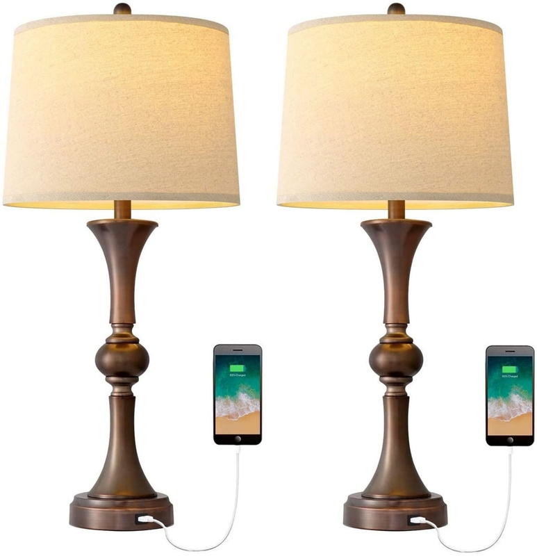 Table Lamps Set Of 2 with USB Charging Port for Living Room 29.25” Traditional Nightstand Lamp For Bedroom Bedside Table Lamp with Neutral Drum Shade Oil Rubbed Bronze