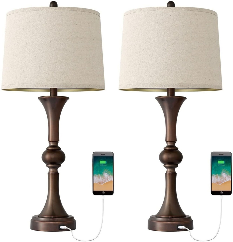 Table Lamps Set Of 2 with USB Charging Port for Living Room 29.25” Traditional Nightstand Lamp For Bedroom Bedside Table Lamp with Neutral Drum Shade Oil Rubbed Bronze