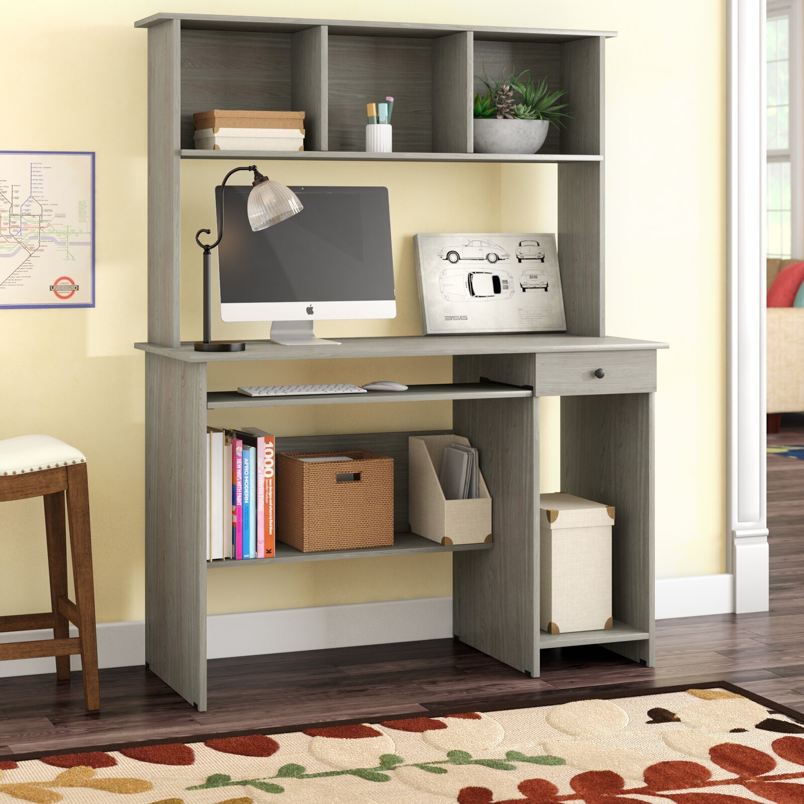 Tall Light Grey Desk With Three Cubby Holes 
