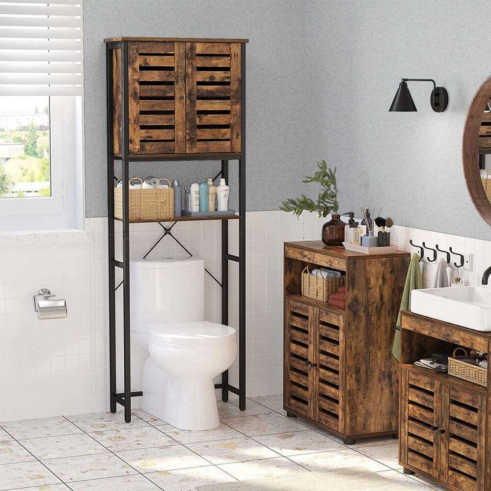 Tall Wood and Steel Over the Toilet Storage Shelf