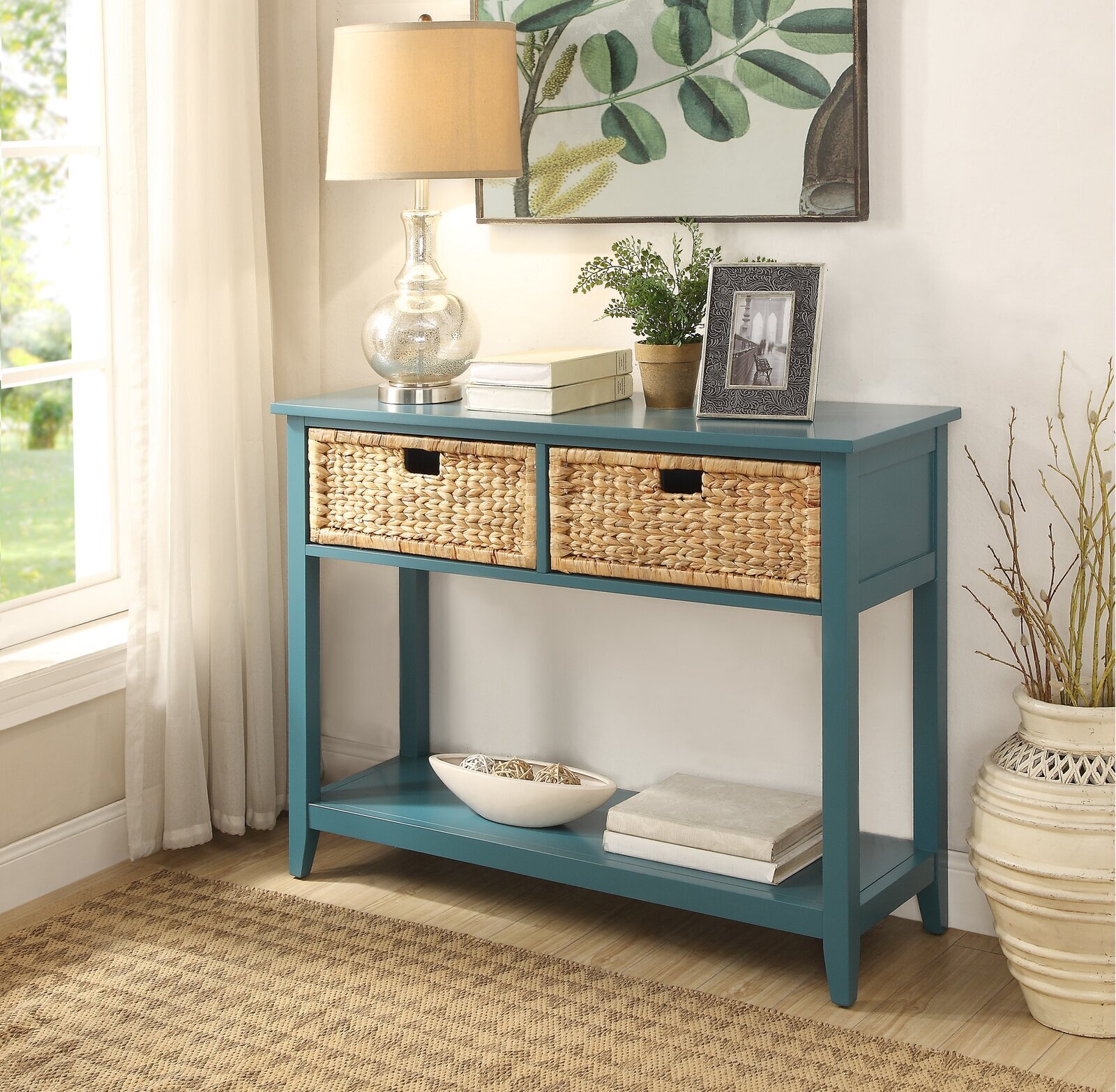 Teal Solid Wood Table With Baskets Underneath 