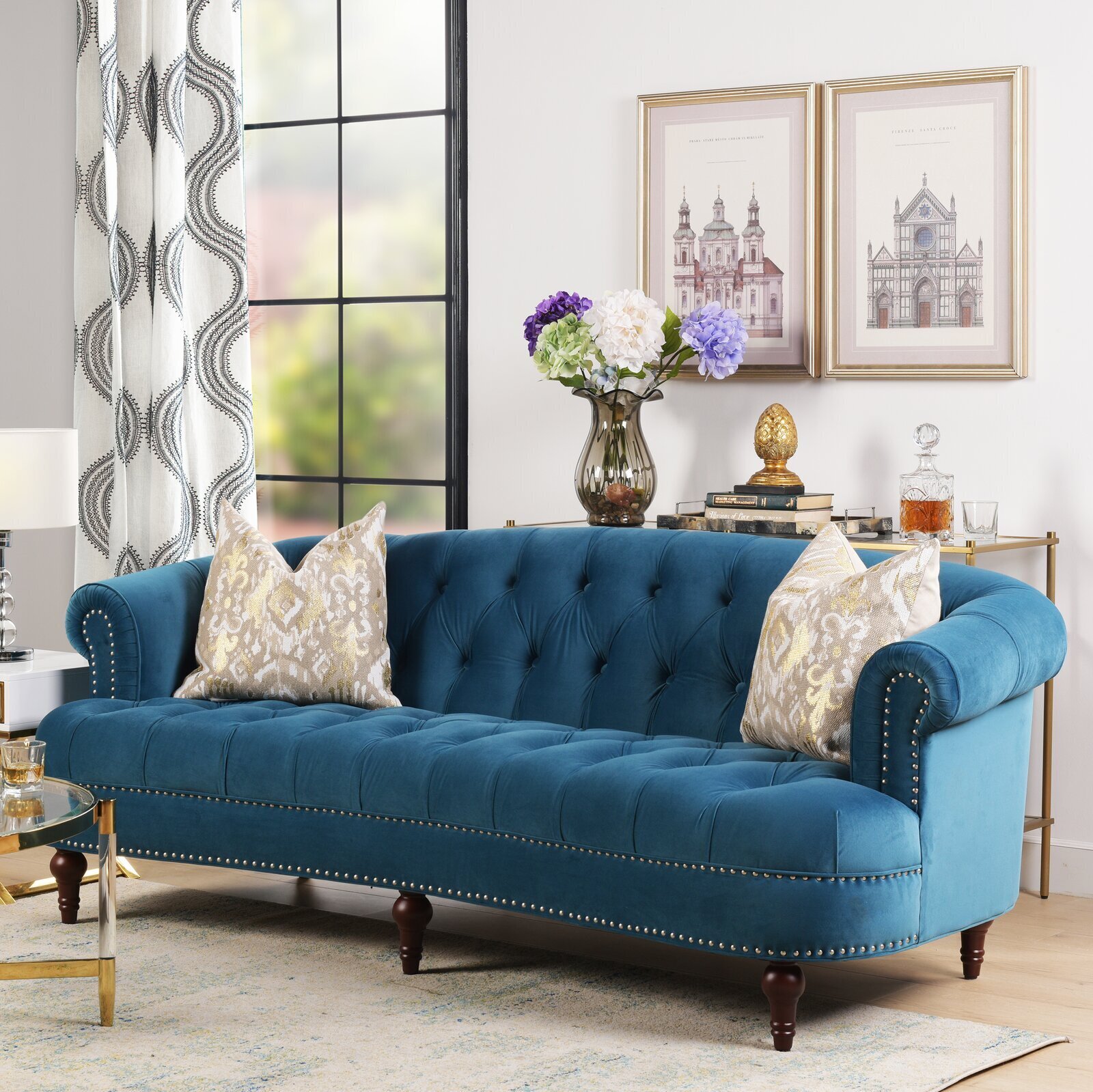 Teal Tufted Sofa with Rolled Armrests
