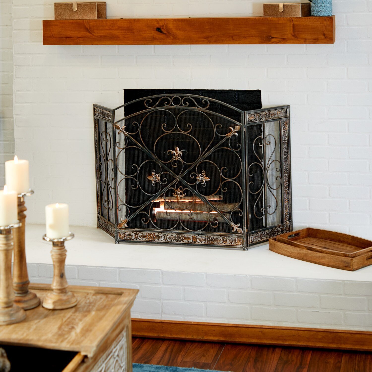 Black Cast Iron Tuscan Design Folding Fireplace Screen 