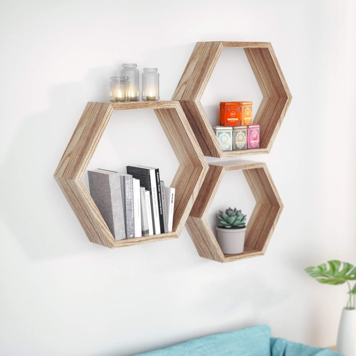 Three piece Hexagonal Wood Display Shelves