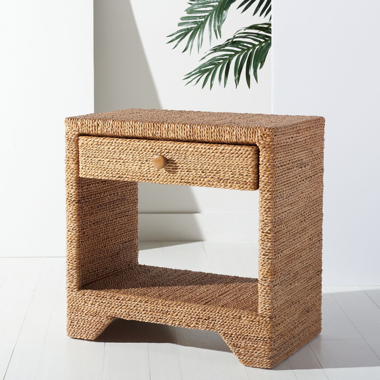 Tropical Themed Nightstand With Woven Rope Texture