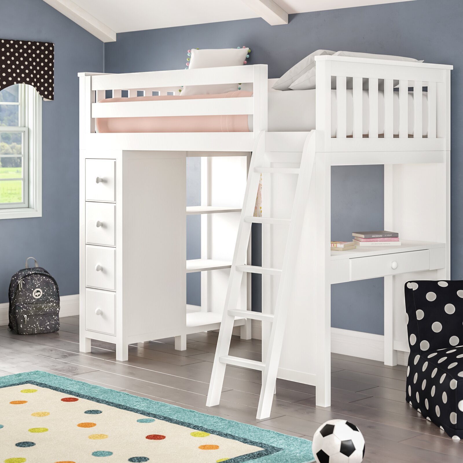 Twin 4 Drawer Solid Wood Loft Bed with Bookcase