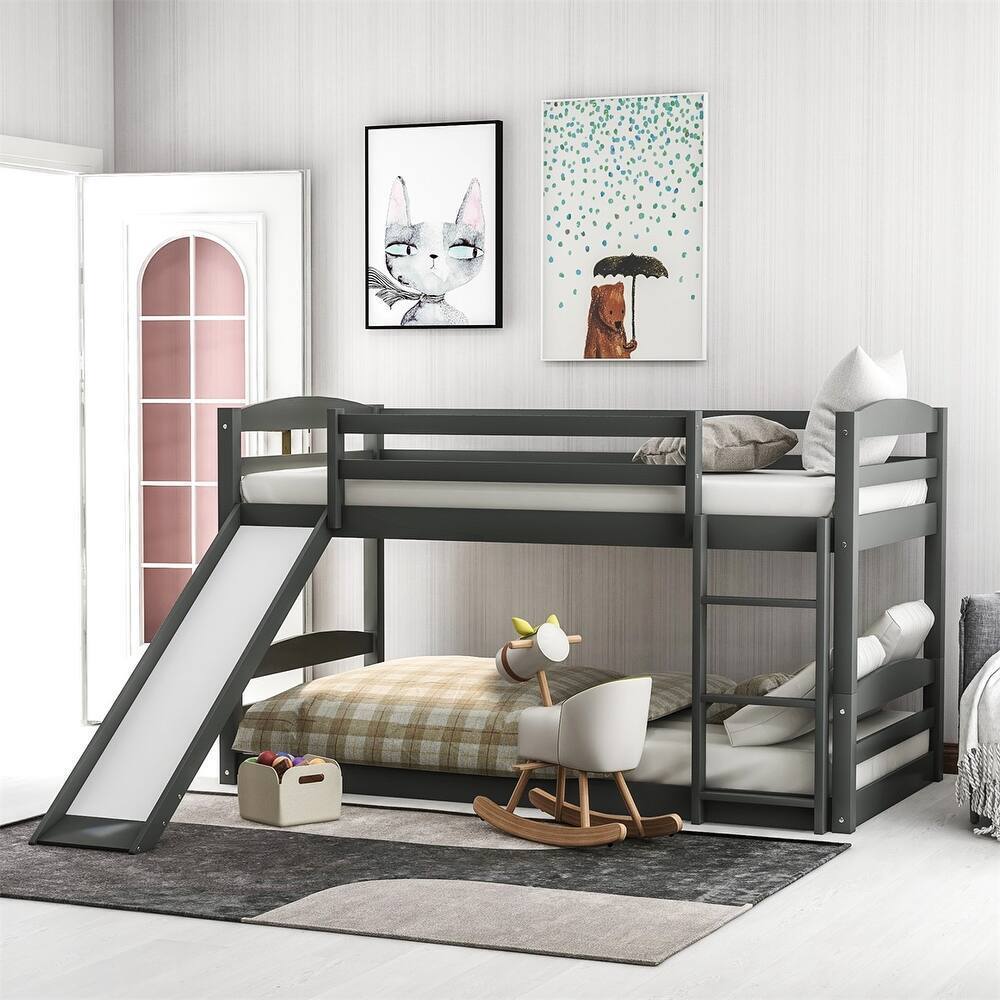 Twin Low Bunk Bed with Slide and Ladder