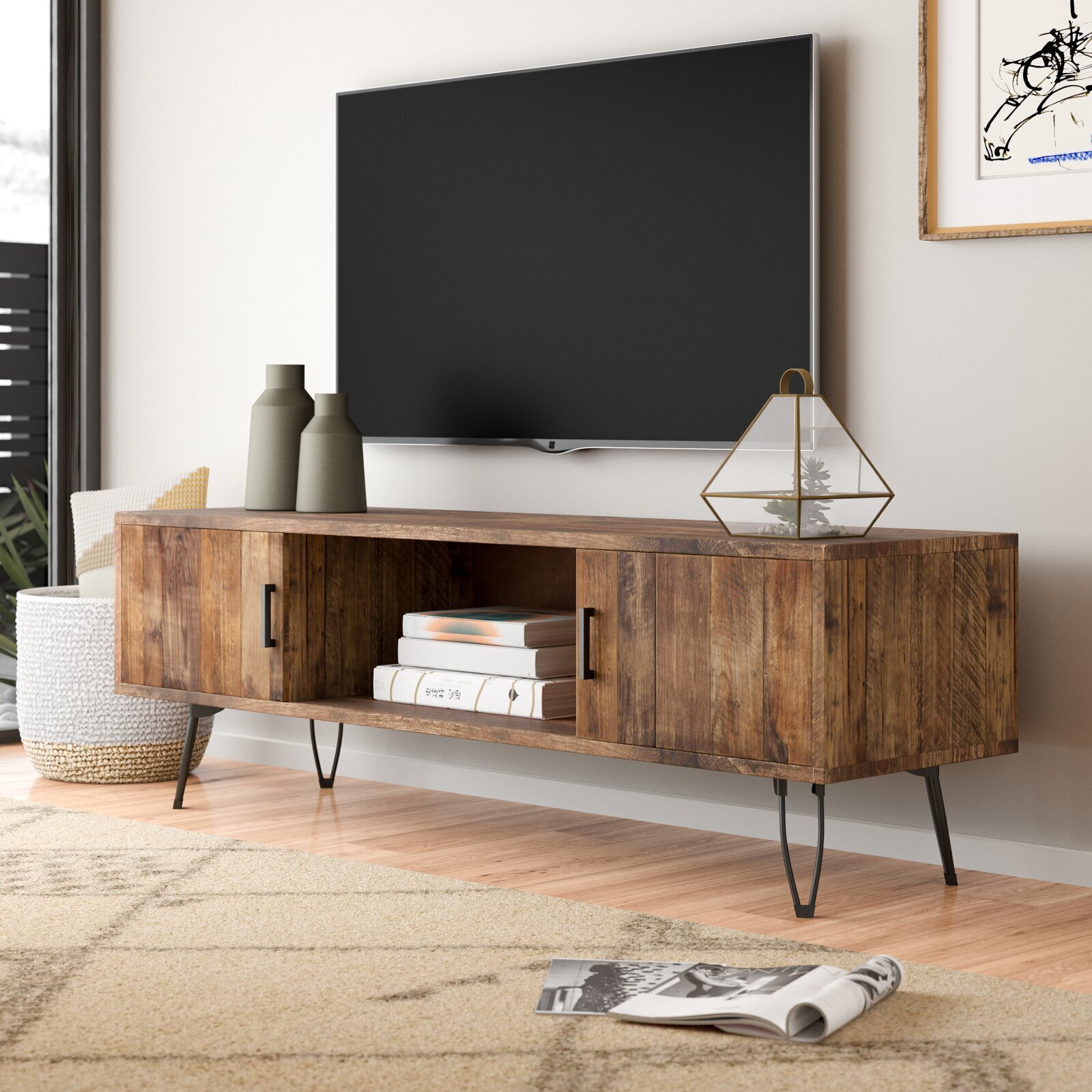 Two Cupboard TV Stand With Black Metal Legs 