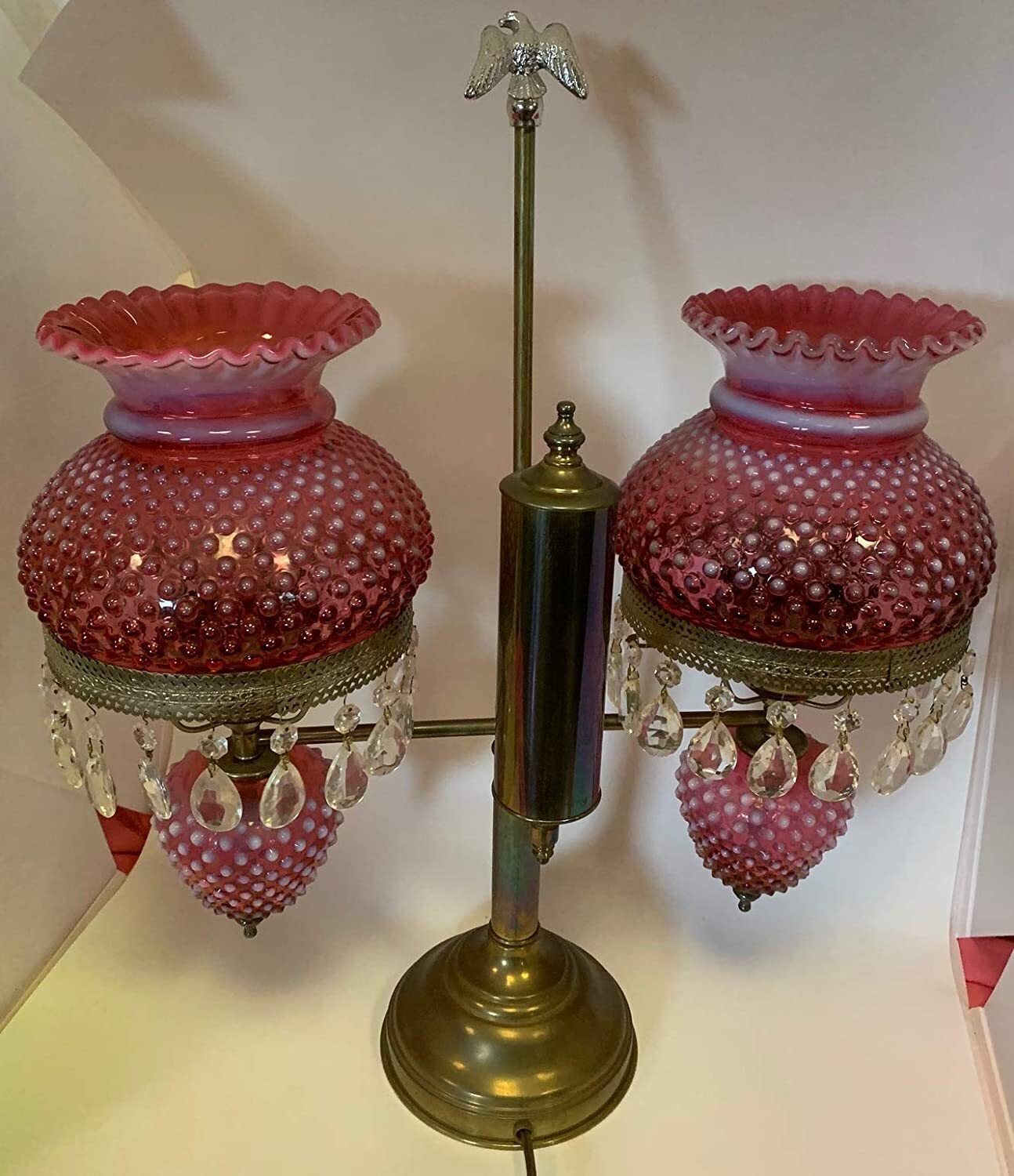Two headed Fenton Cranberry Glass Lamp
