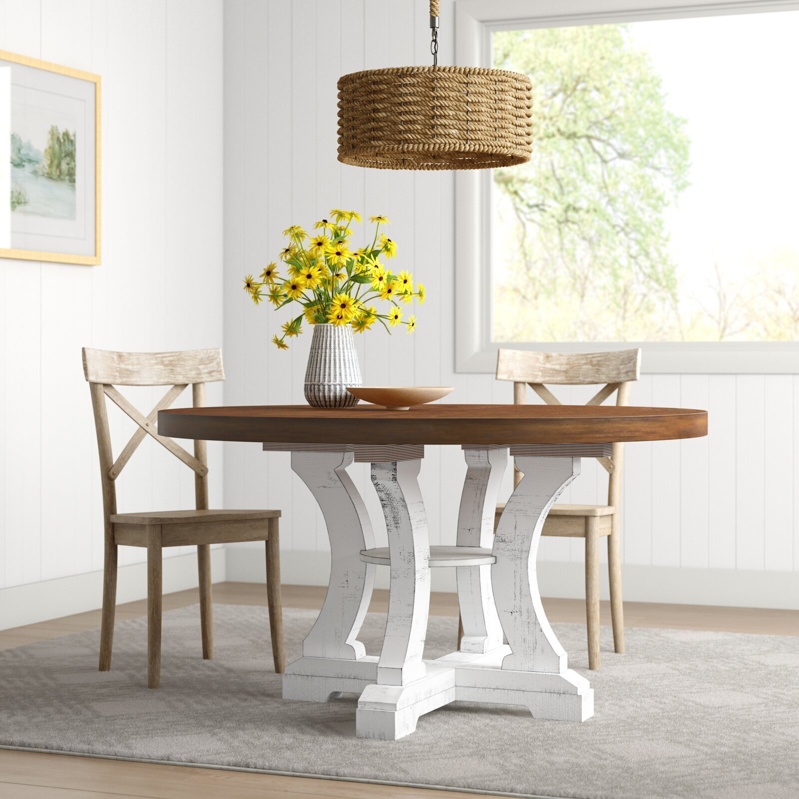 Two toned french country table with 4 leg pedestal base 