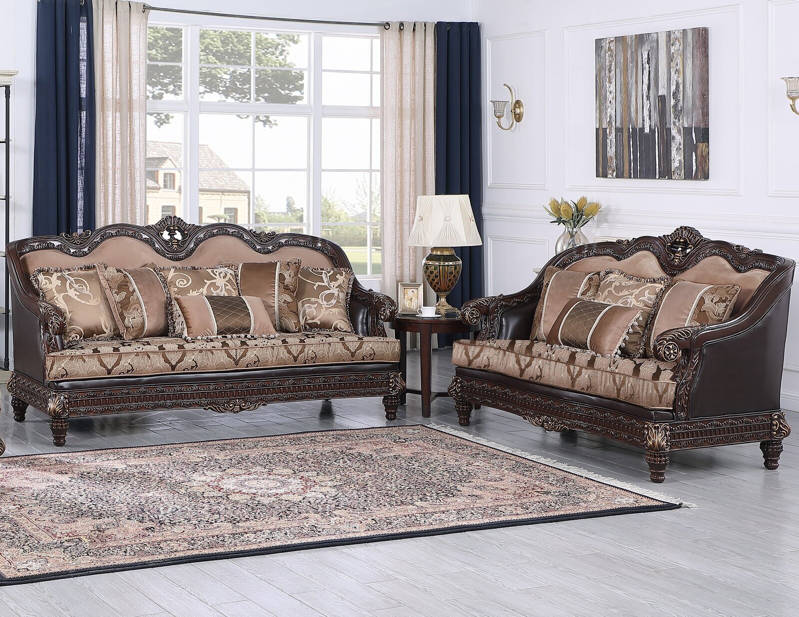 Victorian Style Sofa Set with Wood Armrests
