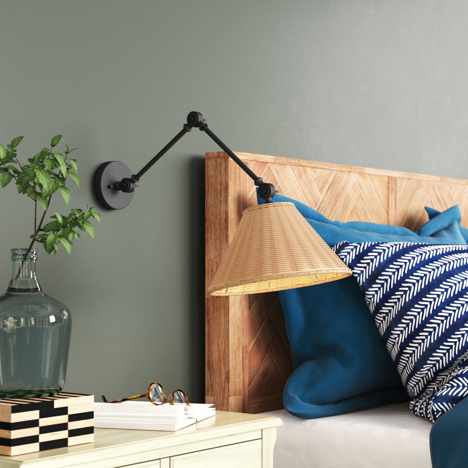 Wall Mounted Nightstand Light with Adjustable Arm and Rattan Shade