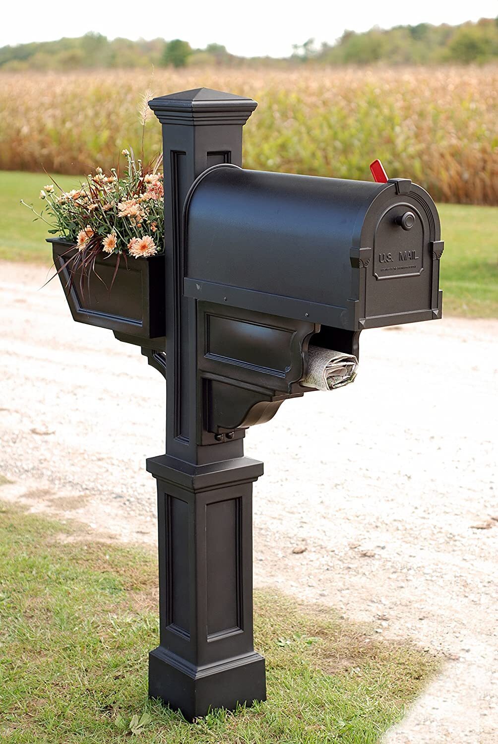White or black iron mailbox post with room for flowers