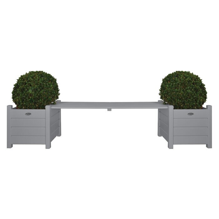 White or gray bench with planters