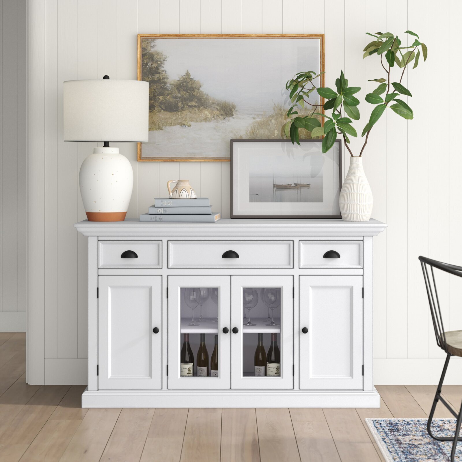 White Solid Wood Sideboard with Glass Doors