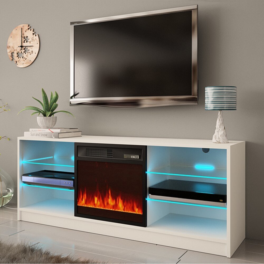 White TV Cabinet Design with Built In Fireplace 
