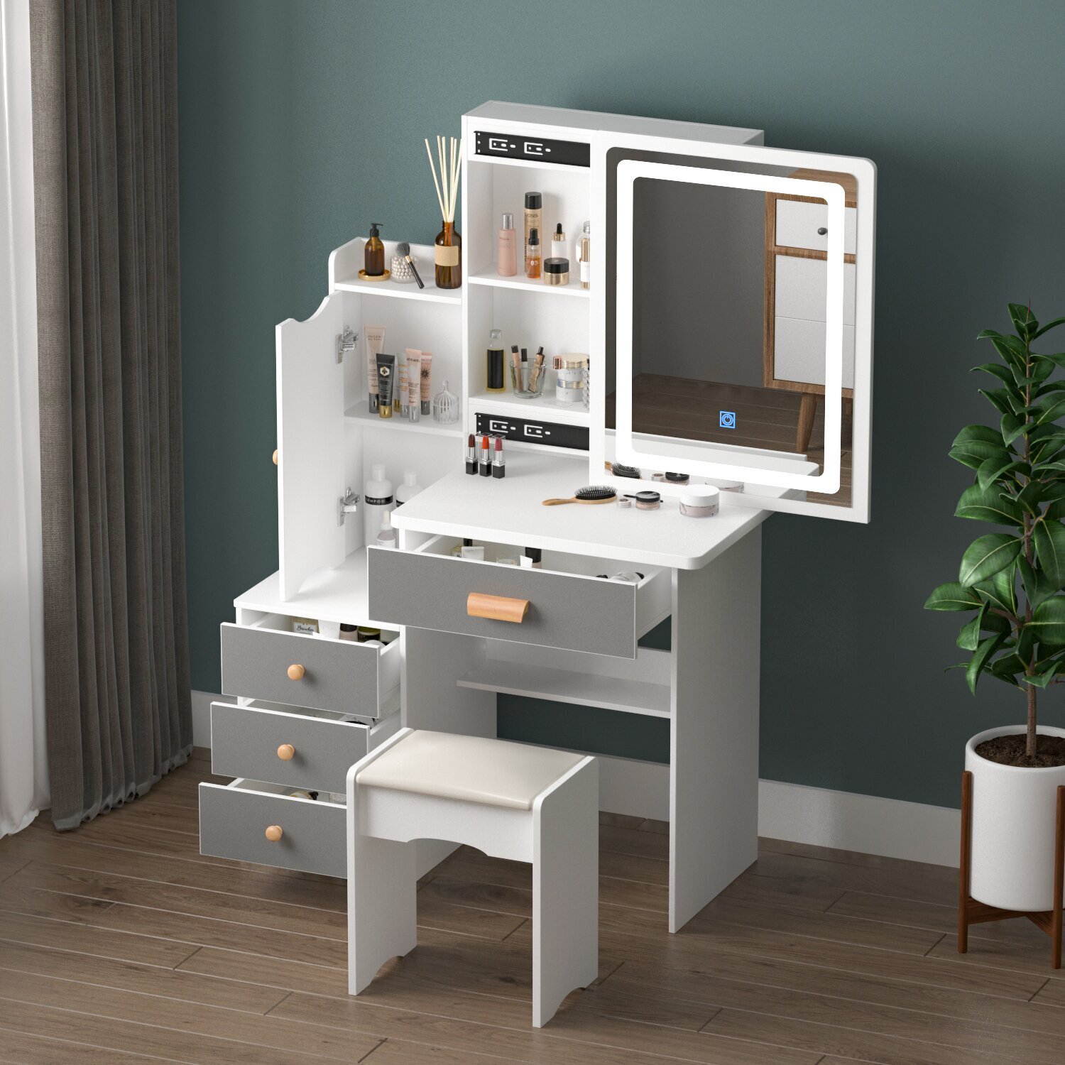 White Vanity Desk with Drawers and Storage