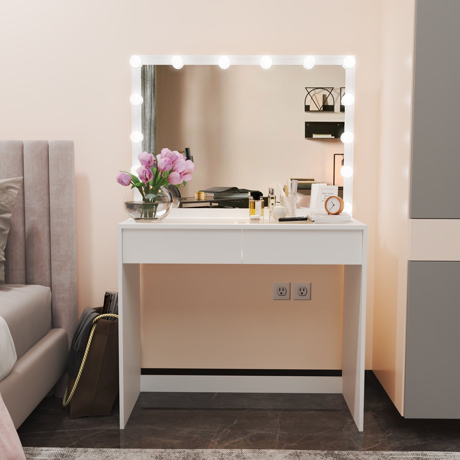 White Vanity Desk with Light Up Mirror 