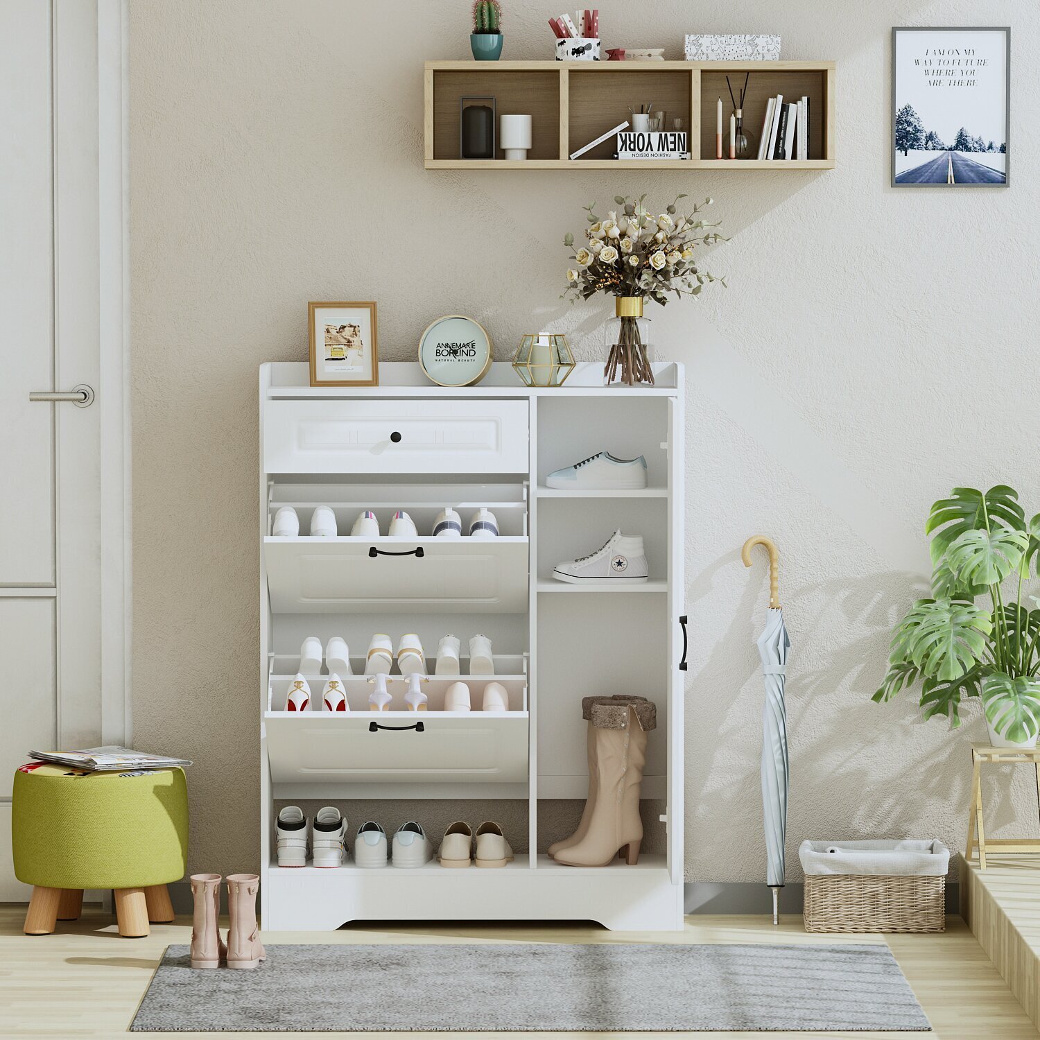 White Wooden Shoe Rack with Drawers